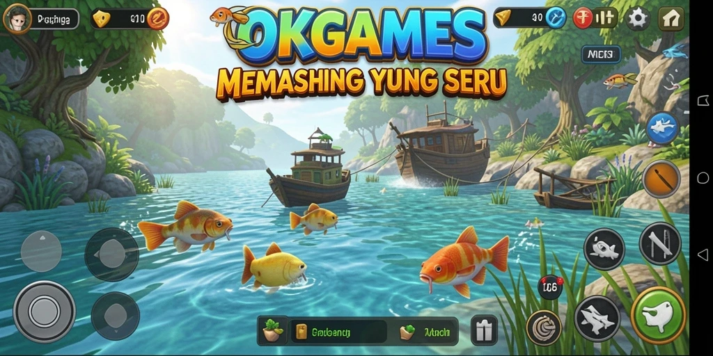 Screenshot OKGAMES menampilkan aksi memancing yang menegangkan.